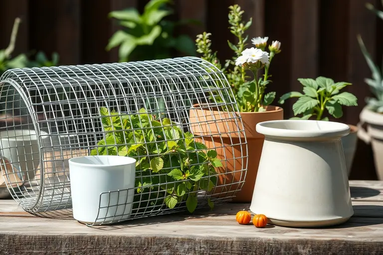 Feinmaschiges Wühlmausgitter aus Metalldraht liegt bereit für die Montage unter einem hölzernen Hochbeet im Garten