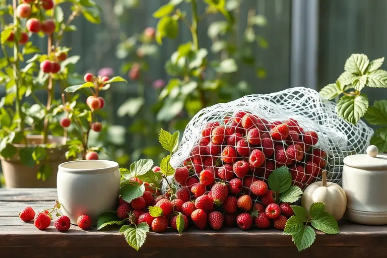 Straff gespanntes schwarzes Vogelschutznetz über einem bepflanzten Hochbeet im Garten