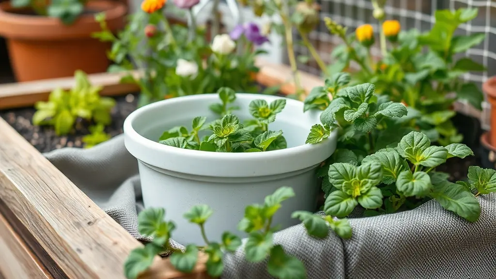 Bepflanztes Hochbeet im Garten mit gebogenen Tunnelbögen und einem hellen Schutznetz über frischem Blattgemüse