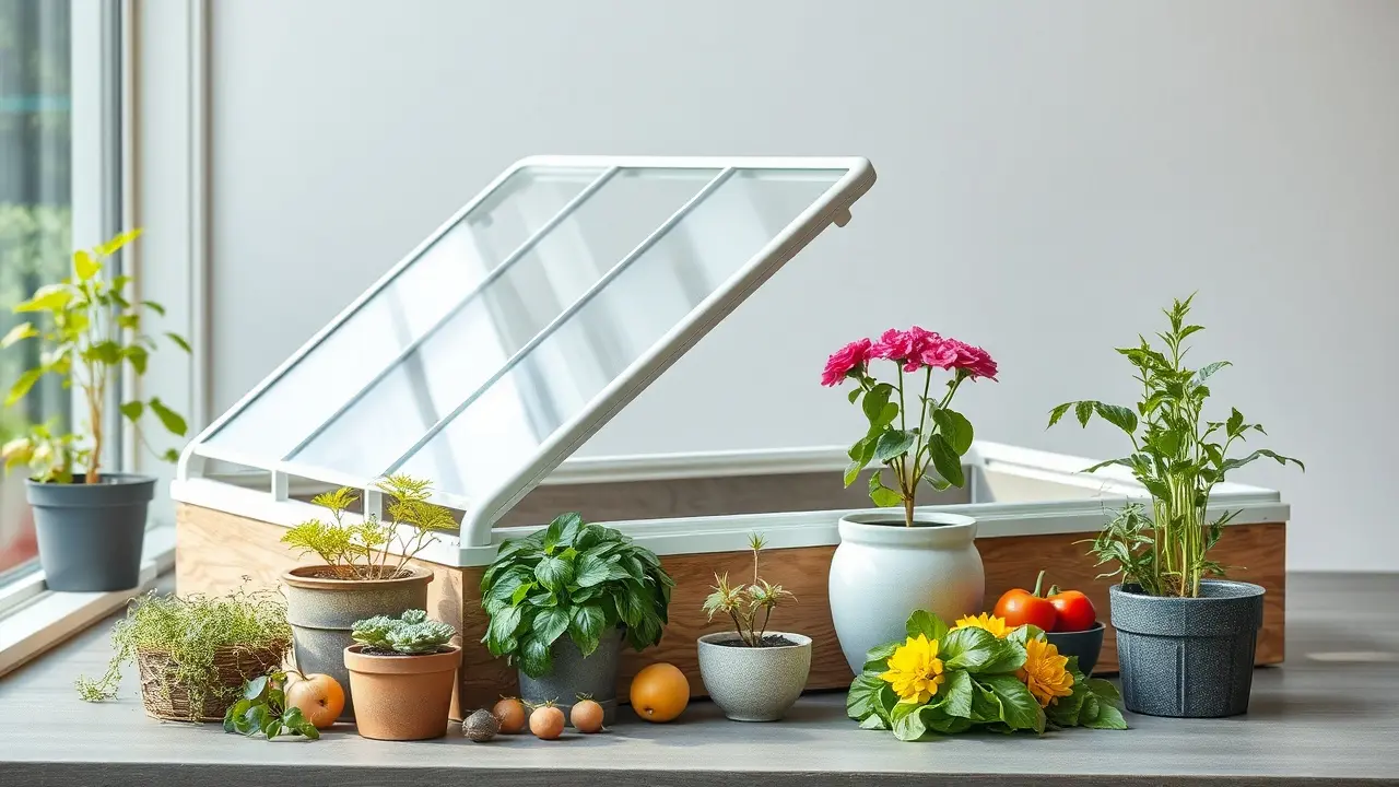 Selbstgebauter Frühbeetaufsatz mit Holzrahmen und transparenten Platten auf einem bepflanzten Hochbeet