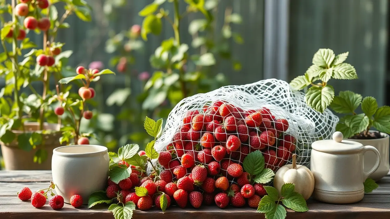 Straff gespanntes schwarzes Vogelschutznetz über einem bepflanzten Hochbeet im Garten