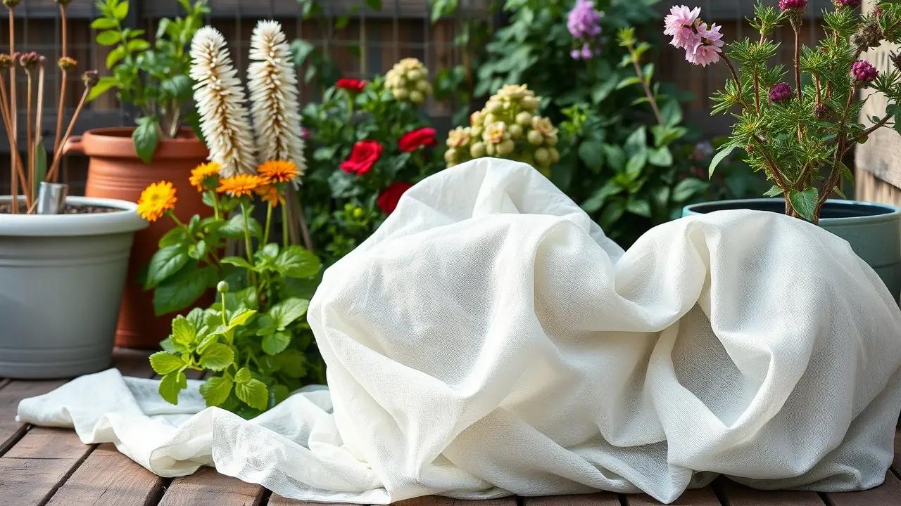 Weißes Gartenvlies liegt als Frostschutz über den Gemüsepflanzen in einem hölzernen Hochbeet