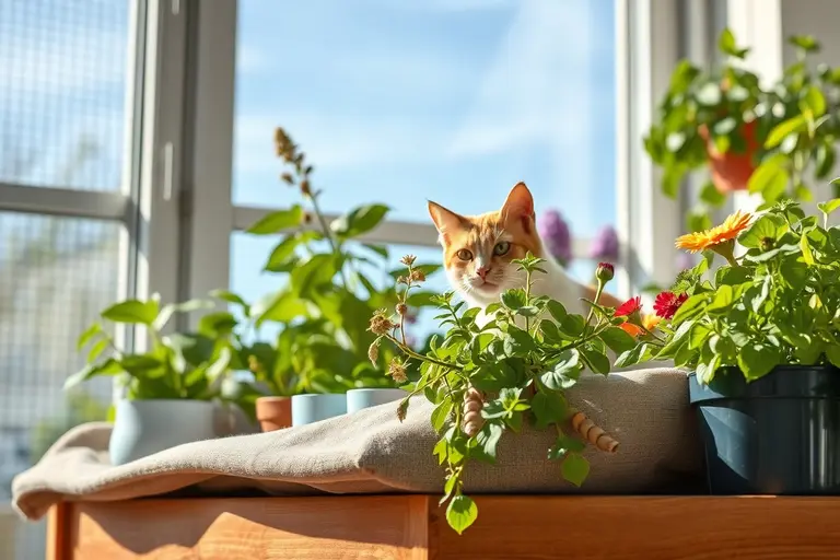 Eine Katze sitzt vor einem bepflanzten Hochbeet im Garten, das durch eine physische Abdeckung vor dem Betreten und Scharren geschützt ist
