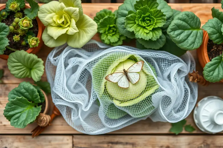 Feinmaschiges Schutznetz über einem bepflanzten Hochbeet wehrt Kohlweißling und Gemüsefliegen ab