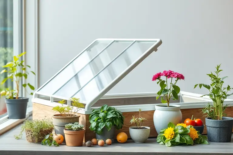 Selbstgebauter Frühbeetaufsatz mit Holzrahmen und transparenten Platten auf einem bepflanzten Hochbeet