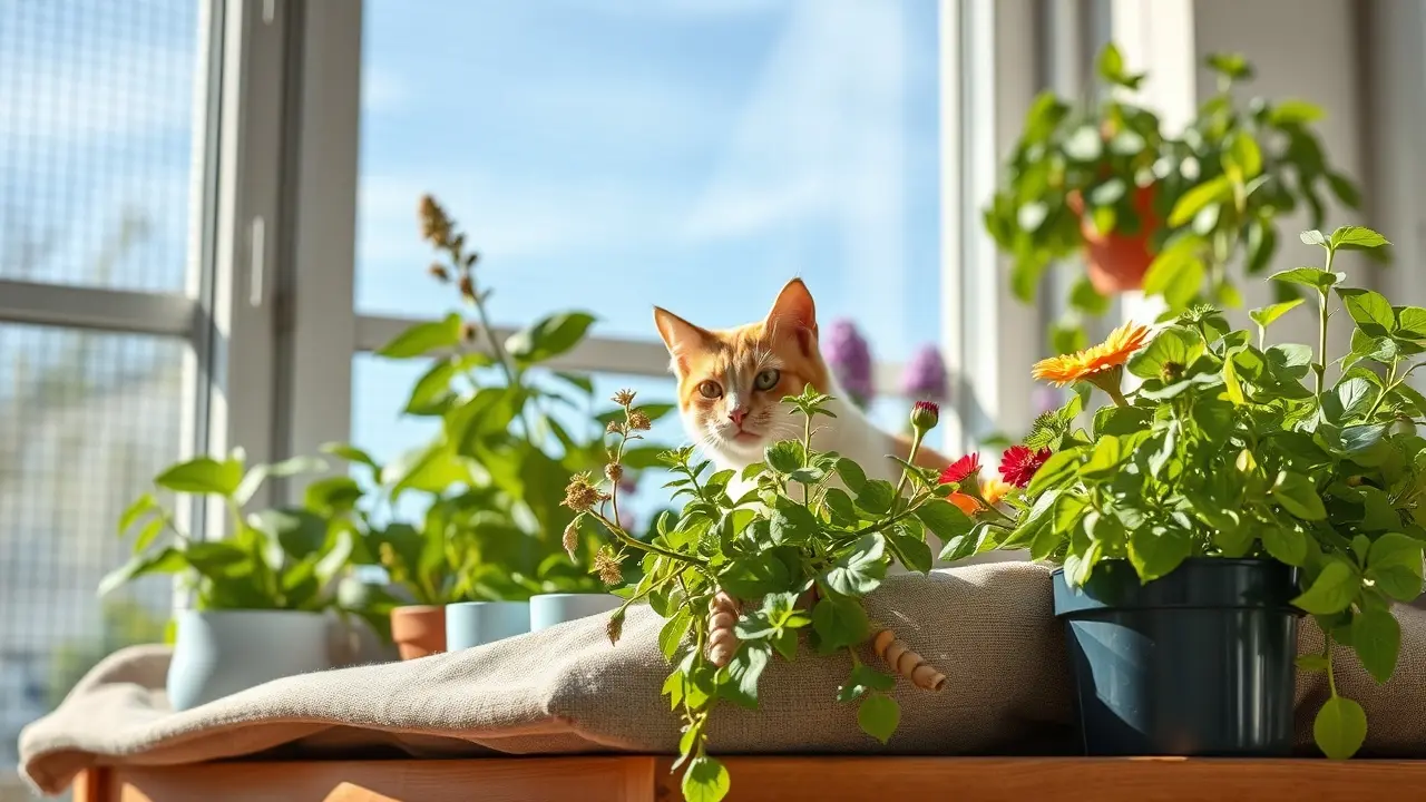 Eine Katze sitzt vor einem bepflanzten Hochbeet im Garten, das durch eine physische Abdeckung vor dem Betreten und Scharren geschützt ist