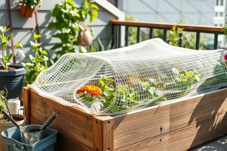 Ein feinmaschiges Schutznetz ist über Tunnelbögen auf einem bepflanzten Hochbeet im Garten gespannt