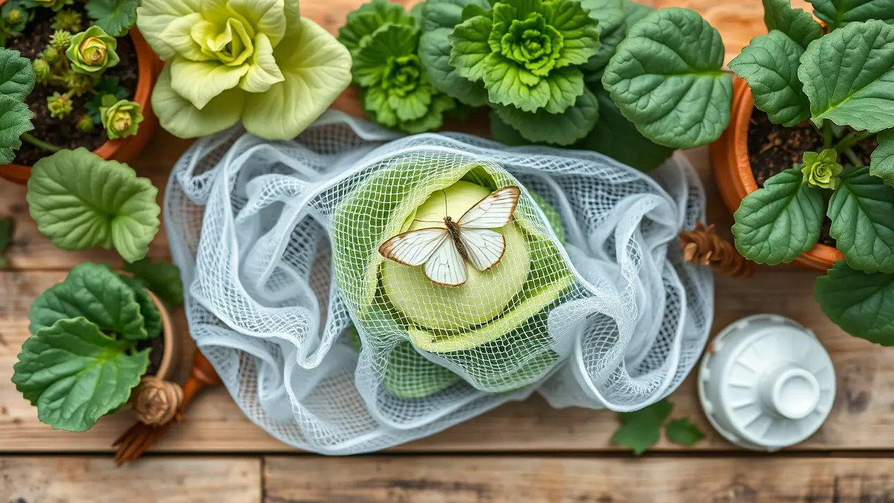 Feinmaschiges Schutznetz über einem bepflanzten Hochbeet wehrt Kohlweißling und Gemüsefliegen ab