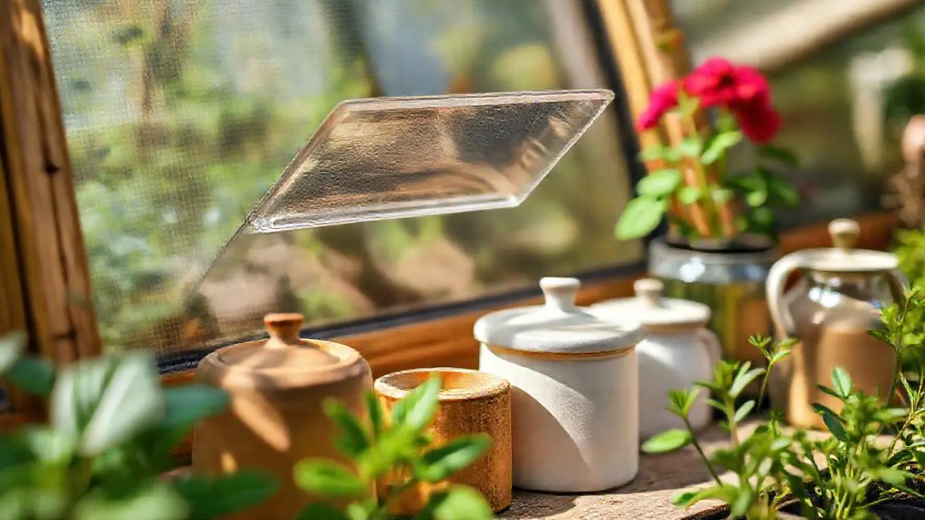 Geöffneter transparenter Frühbeet-Deckel auf einem bepflanzten Hochbeet im Garten bei Sonnenschein