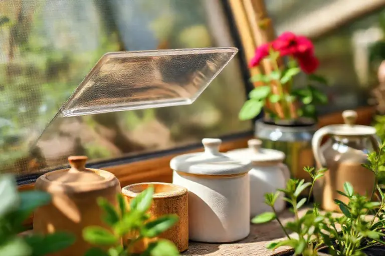 Geöffneter transparenter Frühbeet-Deckel auf einem bepflanzten Hochbeet im Garten bei Sonnenschein