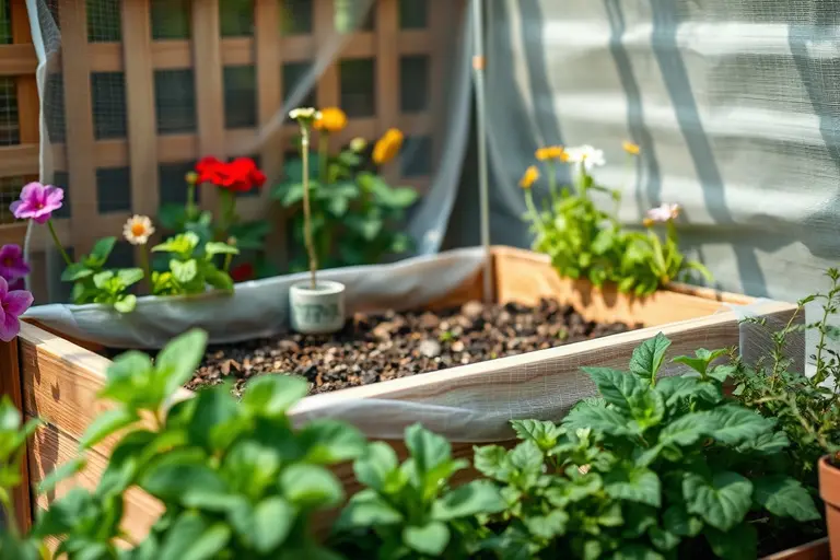 Bepflanztes Hochbeet im Garten, teilweise mit einem bogenförmigen Schutzsystem versehen, als Entscheidungshilfe zum Abdecken