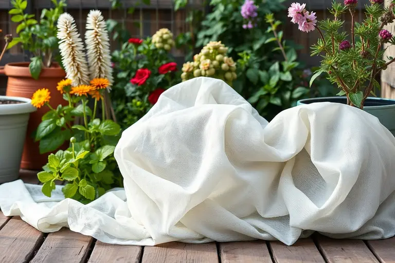 Weißes Gartenvlies liegt als Frostschutz über den Gemüsepflanzen in einem hölzernen Hochbeet