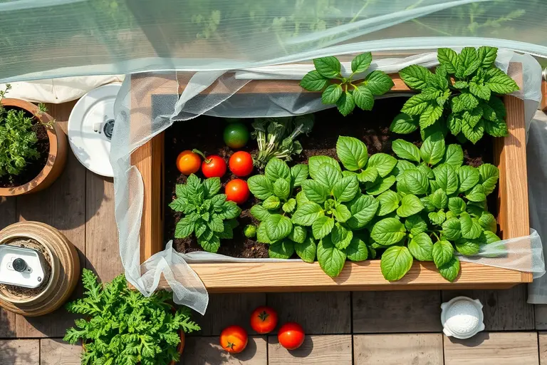 Hochbeet im Garten mit einem transparenten Frühbeetaufsatz zum Schutz der jungen Gemüsepflanzen vor Frost
